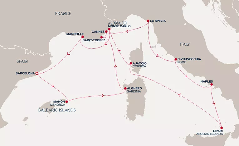 Explora I September 20-October 4 2027 cruise route map from Barcelona to Barcelona