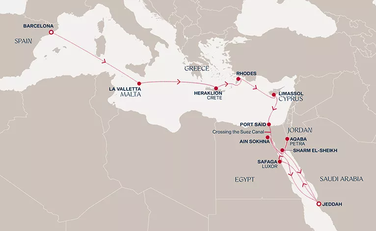 Explora I November 8-28 2027 cruise route map from Barcelona to Jeddah