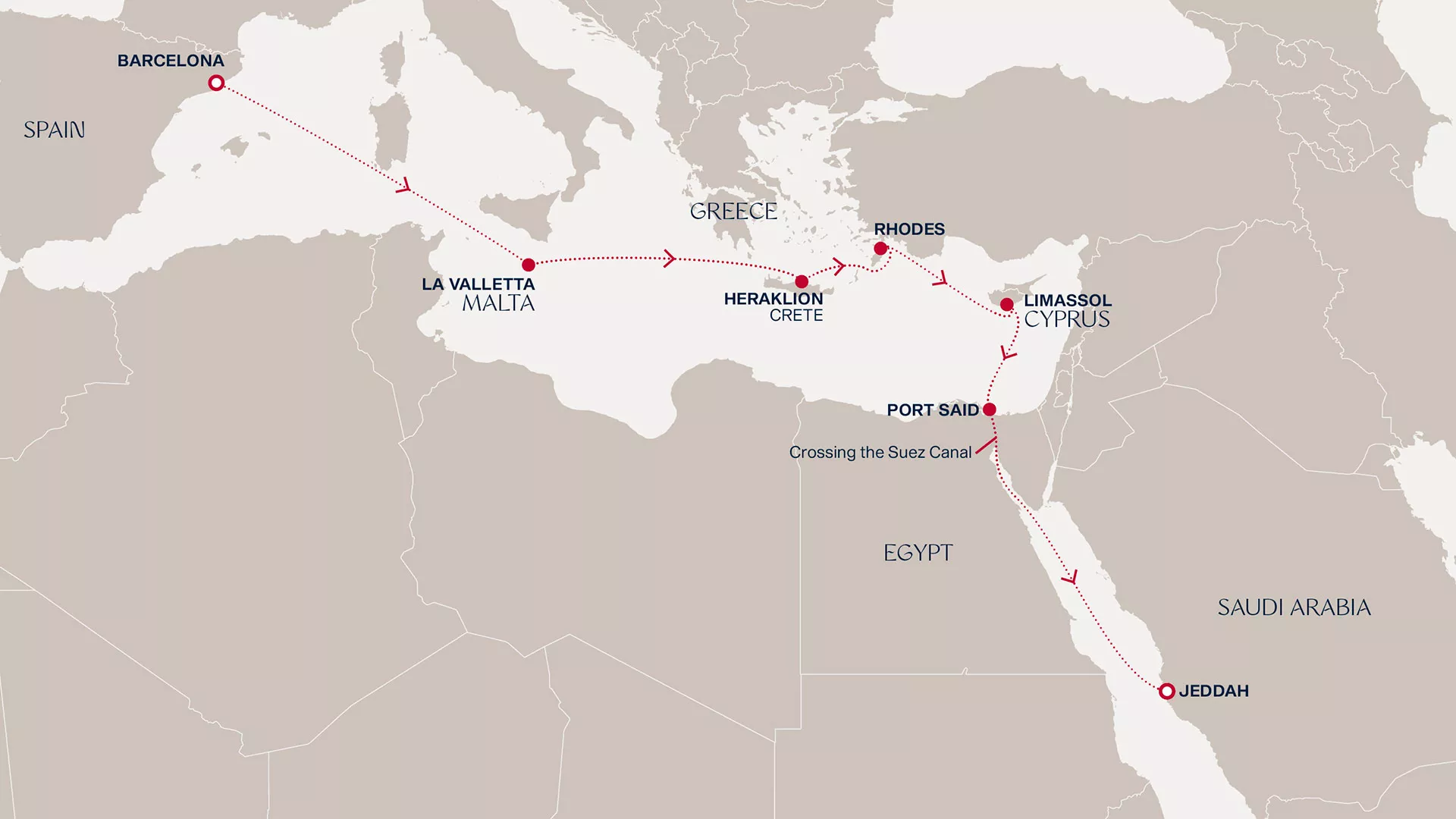 Explora I November 8-19 2027 cruise route map from Barcelona to Jeddah