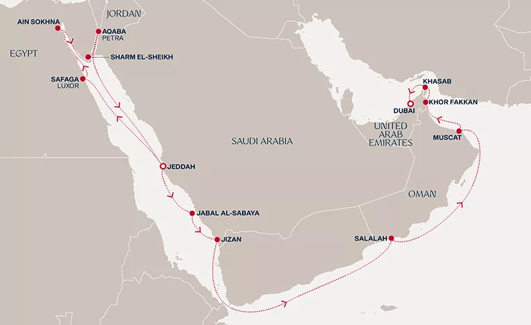 Explora I November 19-December 9 2027 cruise route map from Jeddah to Dubai