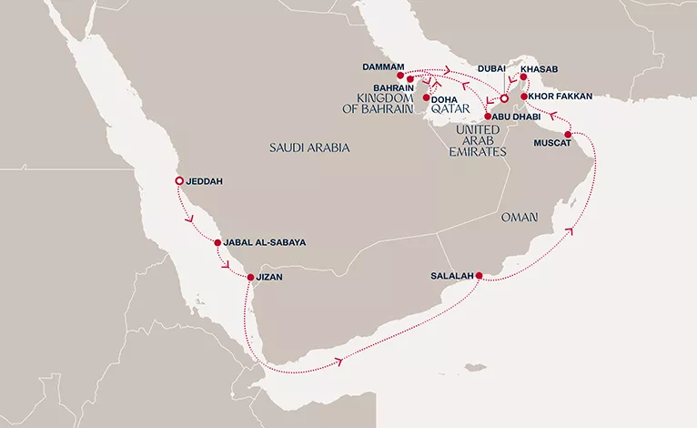 Explora I November 28-December 16 2027 cruise route map from Jeddah to Dubai