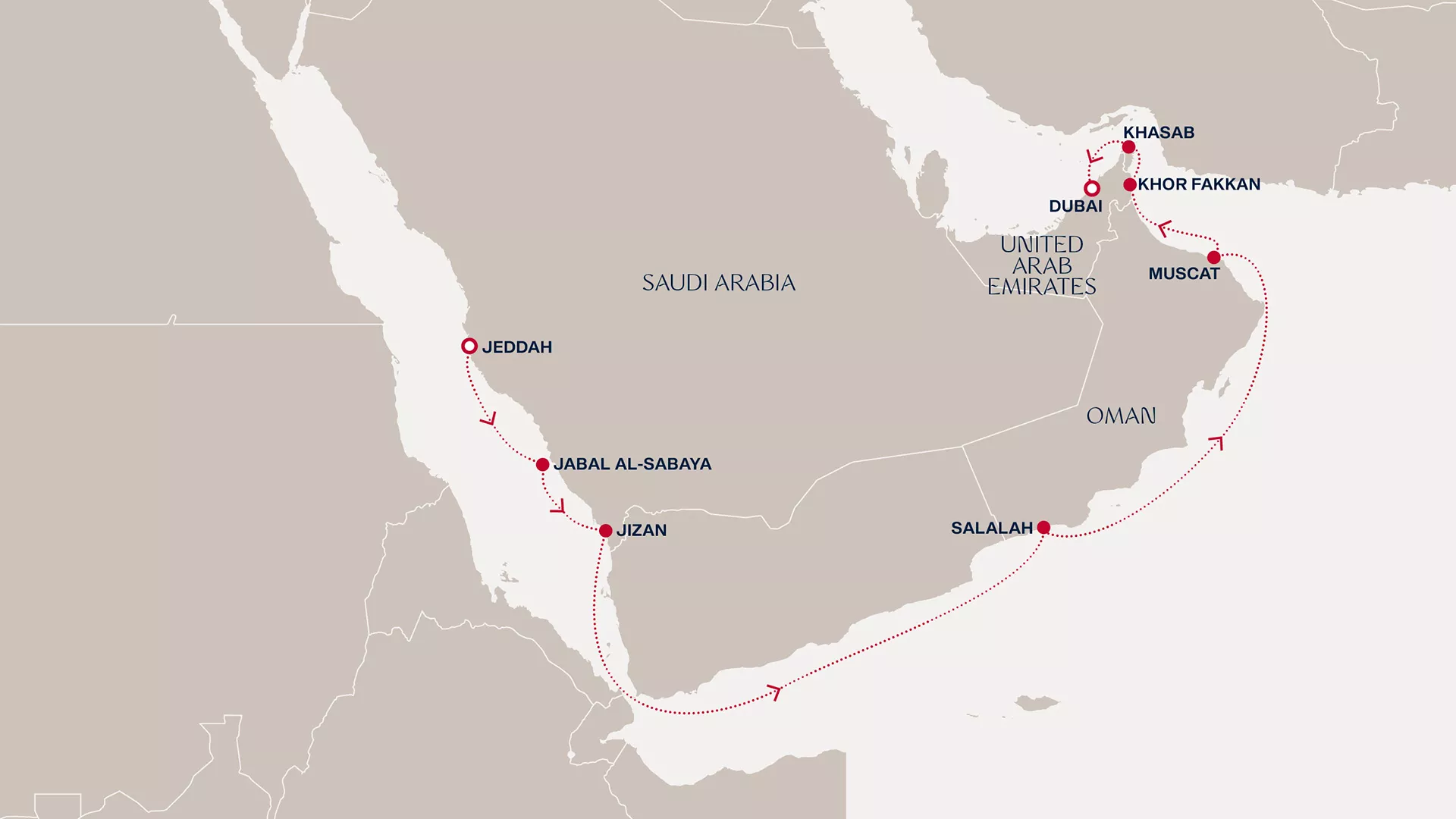 Explora I November 28-December 9 2027 cruise route map from Jeddah to Dubai