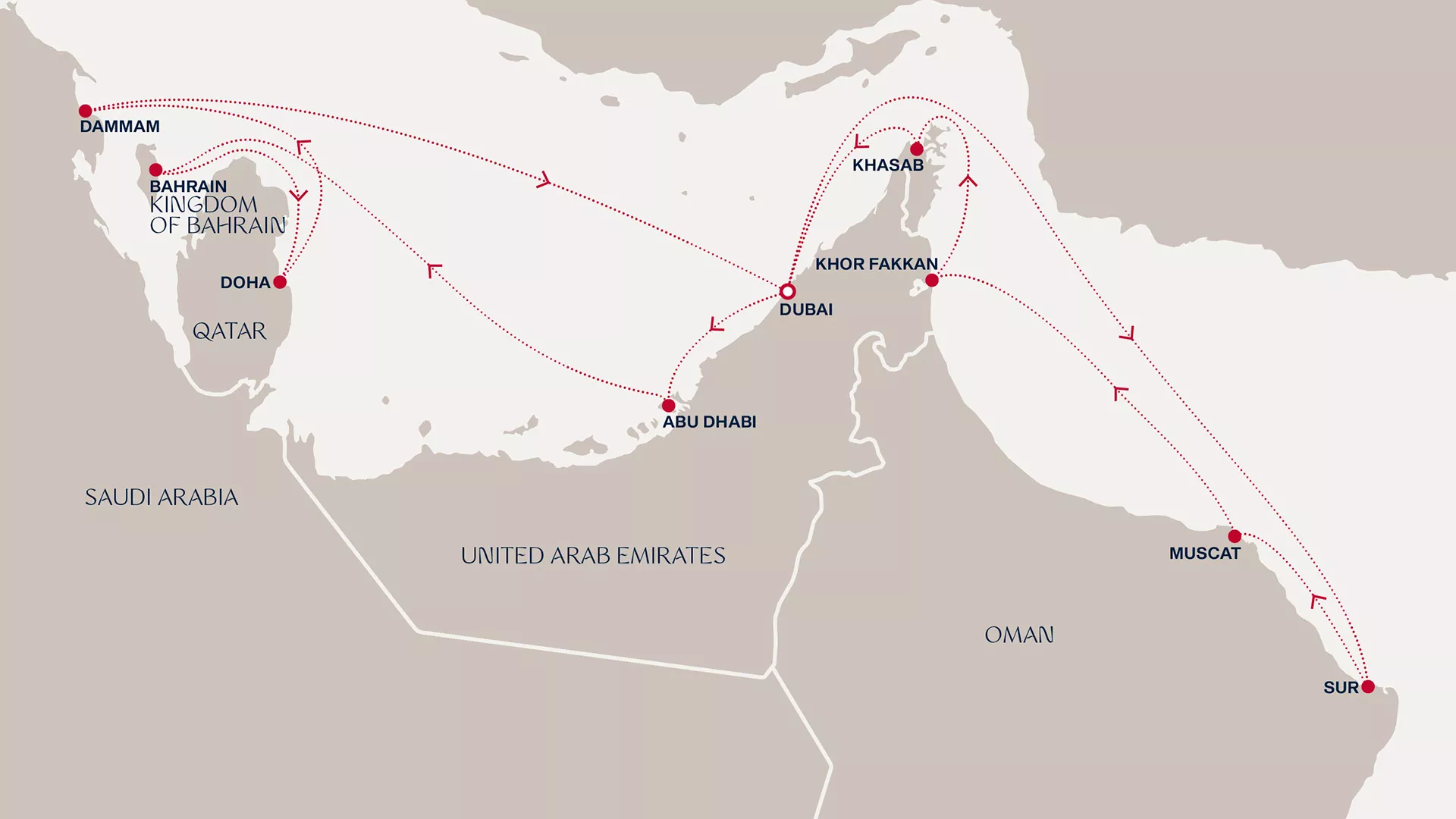 Explora I December 9-23 2027 cruise route map from Dubai to Dubai