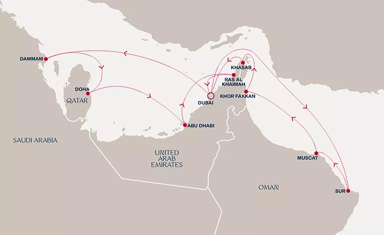 Explora I December 23 2027-January 7 2028 cruise route map from Dubai to Dubai