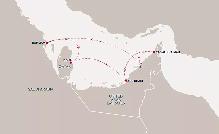 Explora I December 23-30 2027 cruise route map from Dubai to Dubai