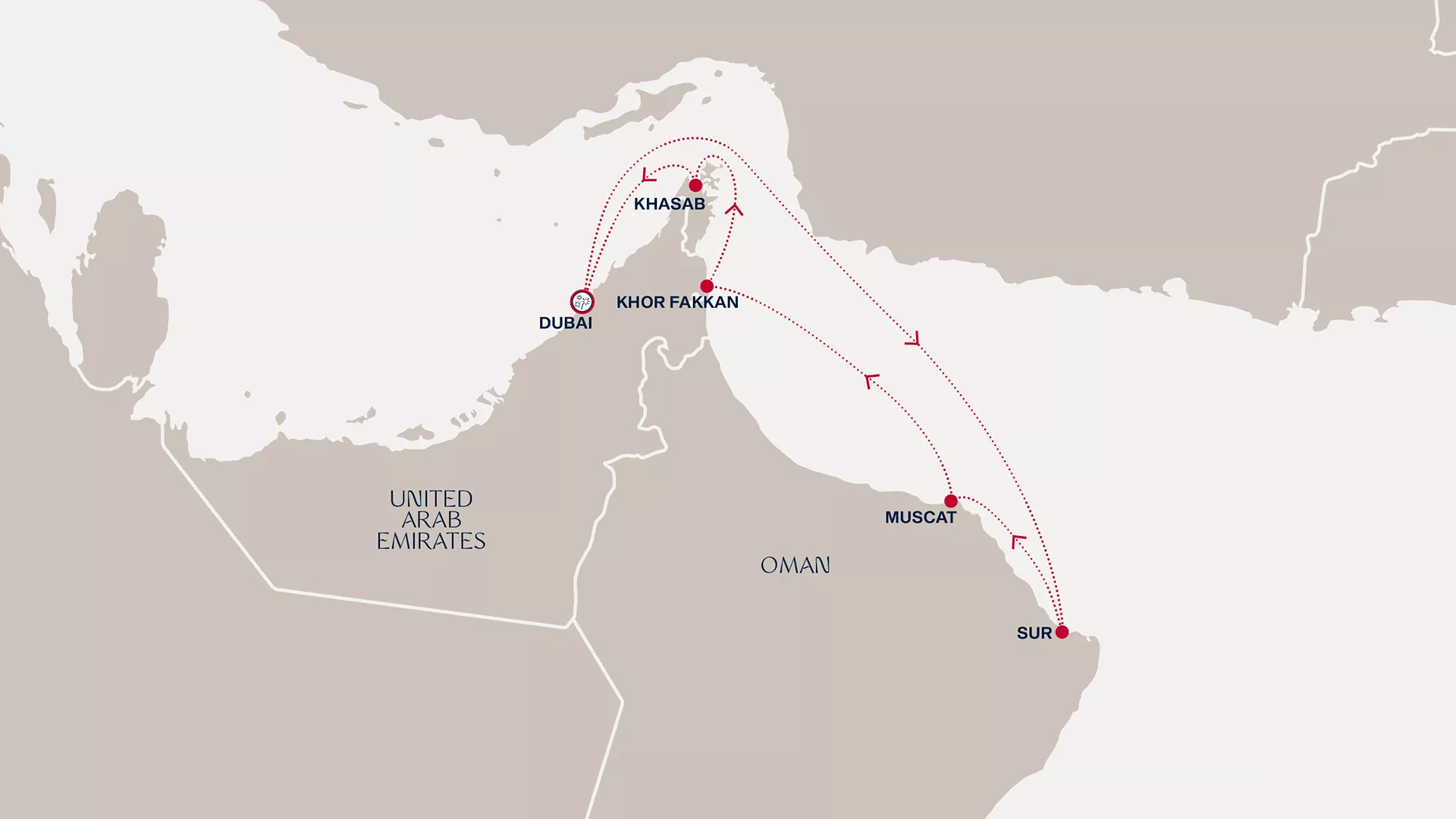 Explora I December 30 2027-January 7 2028 cruise route map from Dubai to Dubai