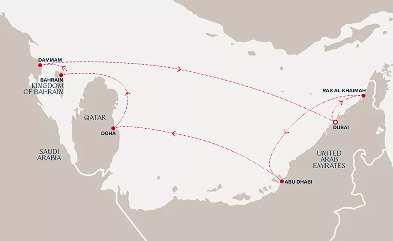 Explora I January 7-15 2028 cruise route map from Dubai to Dubai