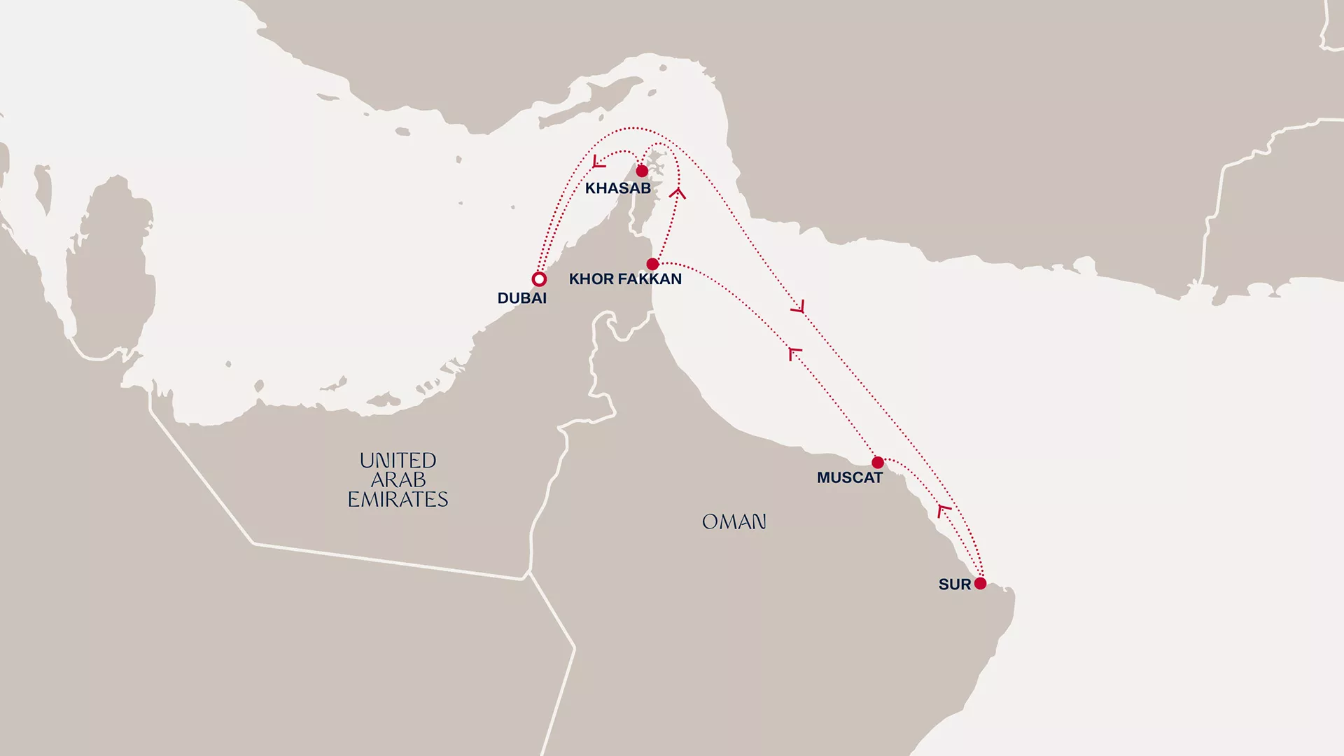 Explora I February 12-19 2028 cruise route map from Dubai to Dubai