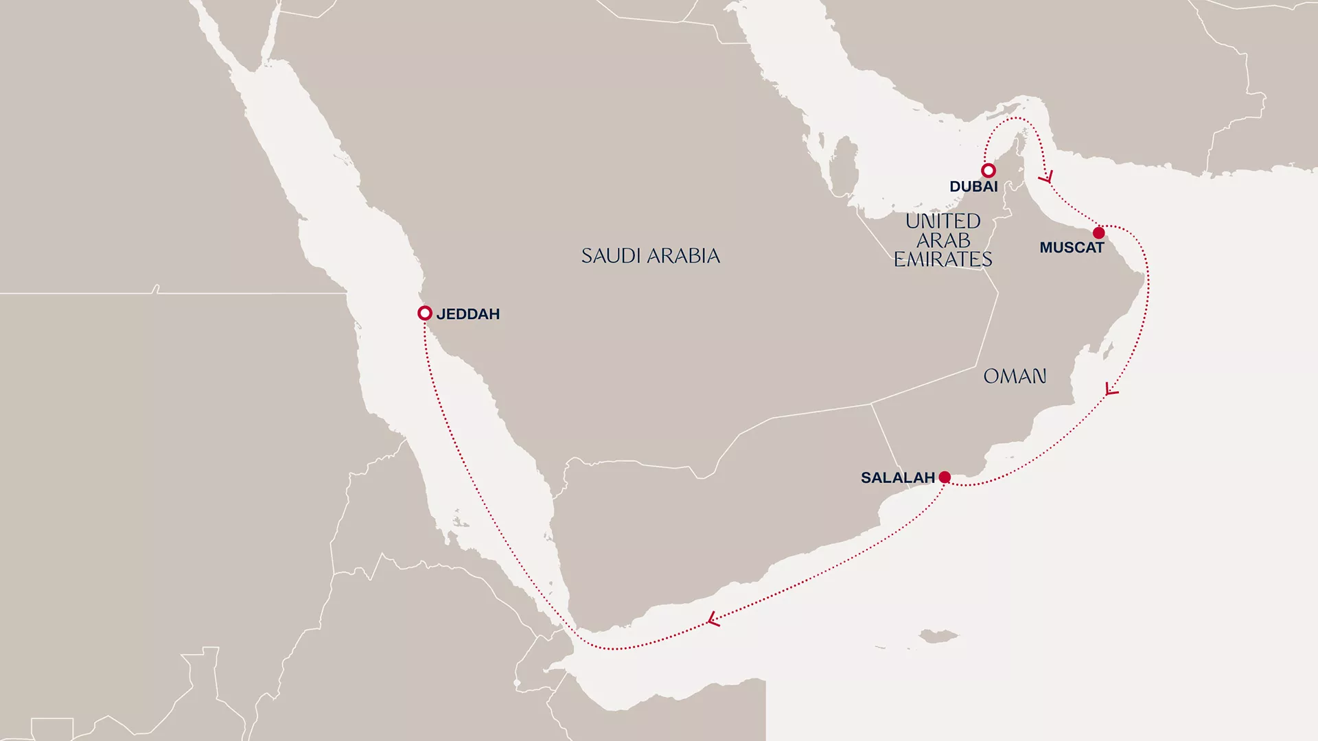 Explora I February 26-March 5 2028 cruise route map from Dubai to Jeddah