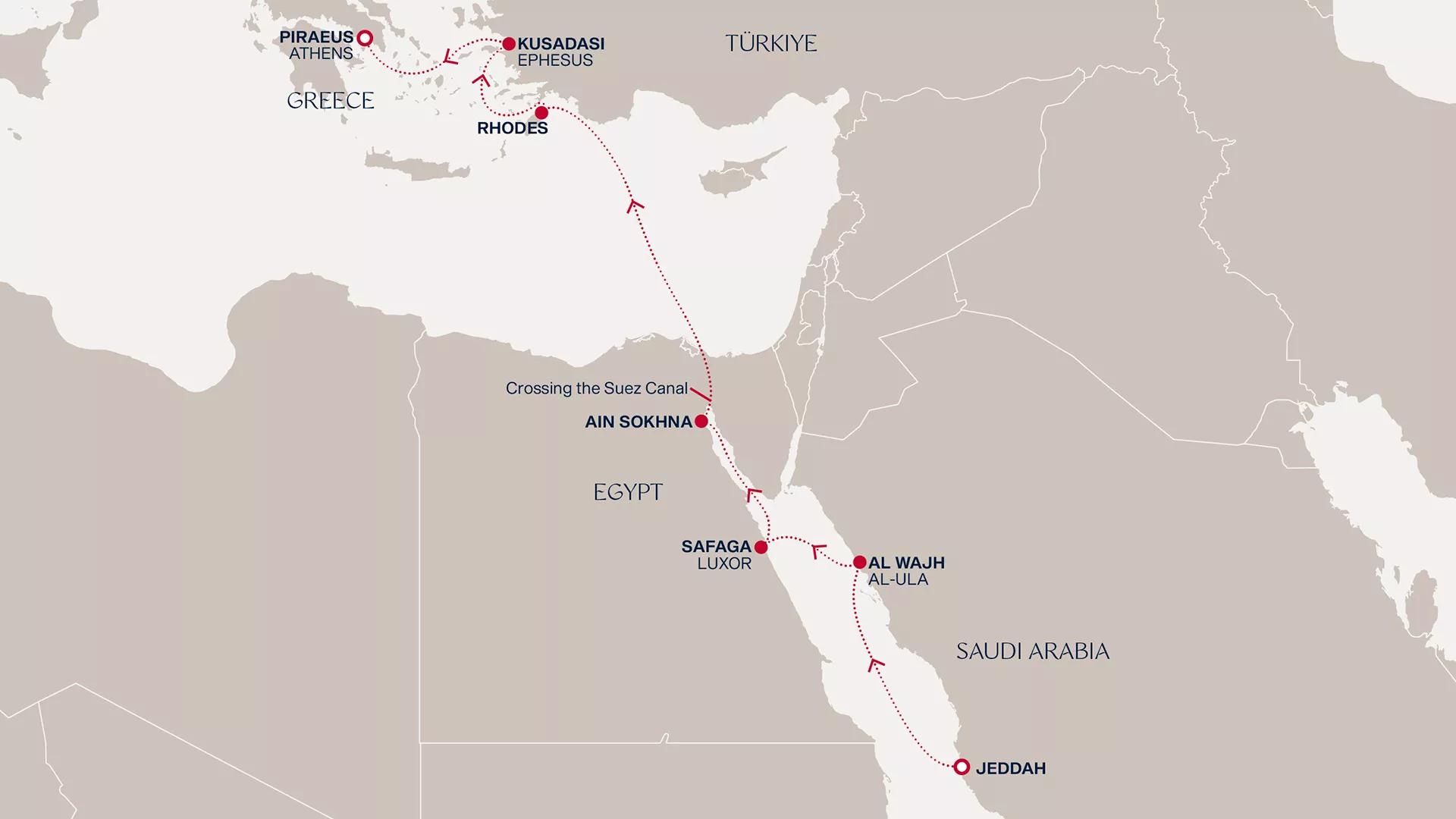 Explora I March 5-15 2028 cruise route map from Jeddah to Piraeus (Athens)
