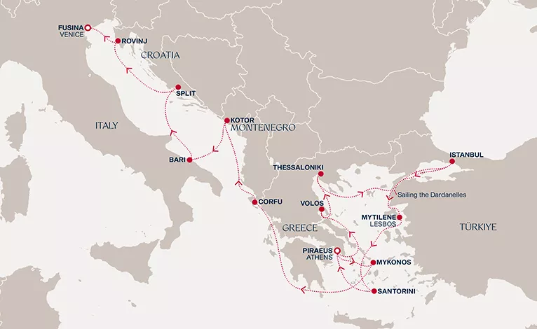 Explora I April 7-22 2028 cruise route map from Piraeus (Athens) to Fusina (Venice)