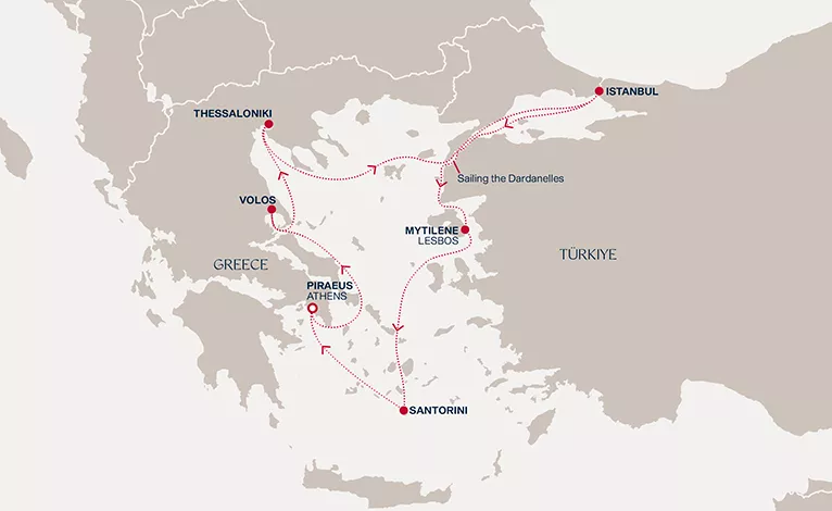 Explora I April 7-14 2028 cruise route map from Piraeus (Athens) to Piraeus (Athens)