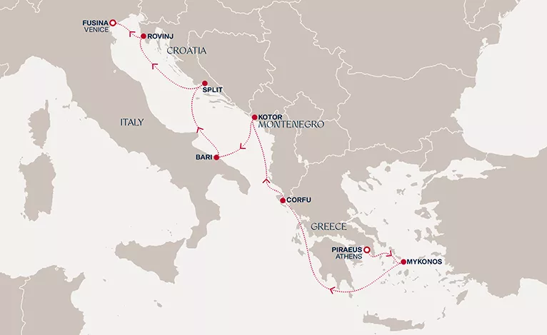 Explora I April 14-22 2028 cruise route map from Piraeus (Athens) to Fusina (Venice)
