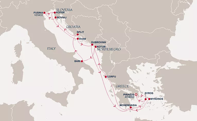 Explora I April 14-29 2028 cruise route map from Piraeus (Athens) to Piraeus (Athens)