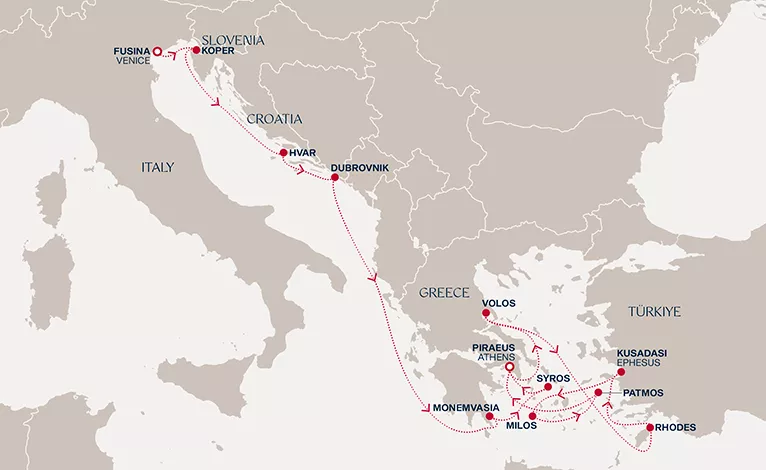 Explora I May 6-20 2028 cruise route map from Fusina (Venice) to Piraeus (Athens)