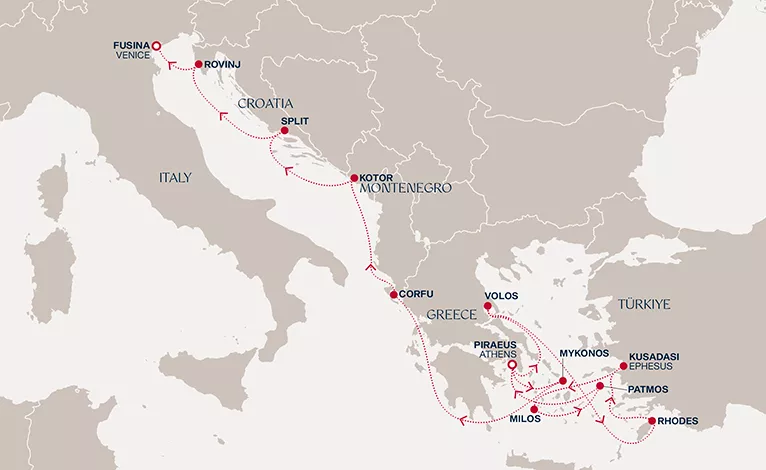 Explora I May 13-27 2028 cruise route map from Piraeus (Athens) to Fusina (Venice)