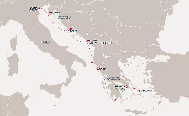 Explora I June 10-17 2028 cruise route map from Piraeus (Athens) to Fusina (Venice)