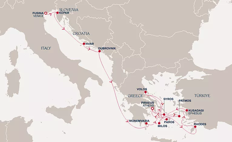 Explora I June 17-July 1 2028 cruise route map from Fusina (Venice) to Piraeus (Athens)