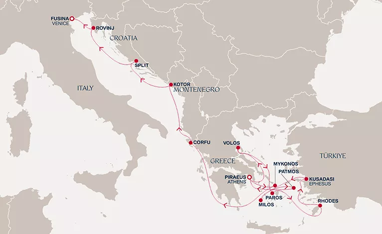 Explora I June 24-July 8 2028 cruise route map from Piraeus (Athens) to Fusina (Venice)
