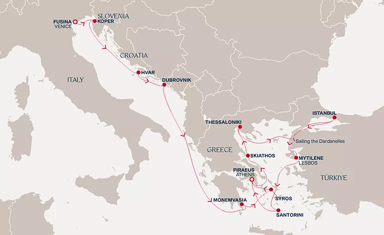 Explora I July 8-22 2028 cruise route map from Fusina (Venice) to Piraeus (Athens)