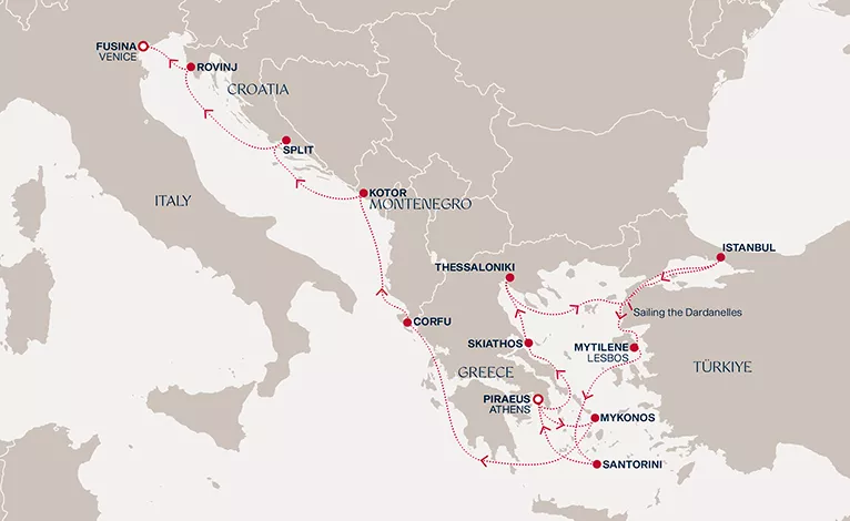 Explora I July 15-29 2028 cruise route map from Piraeus (Athens) to Fusina (Venice)