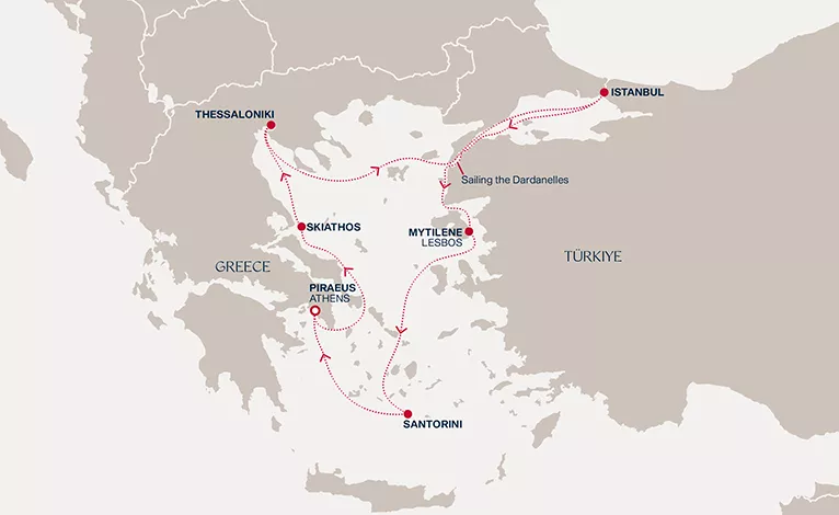 Explora I July 15-22 2028 cruise route map from Piraeus (Athens) to Piraeus (Athens)