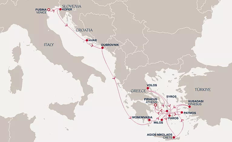 Explora I July 29-August 12 2028 cruise route map from Fusina (Venice) to Piraeus (Athens)