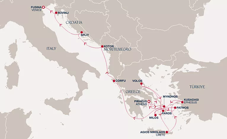 Explora I August 5-19 2028 cruise route map from Piraeus (Athens) to Fusina (Venice)
