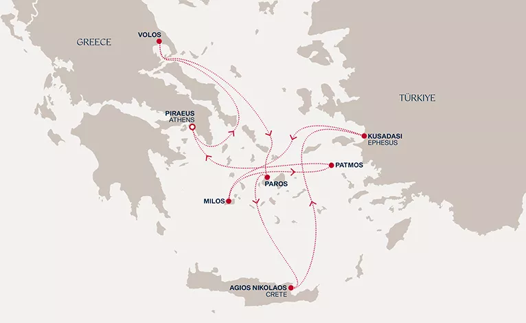 Explora I August 5-12 2028 cruise route map from Piraeus (Athens) to Piraeus (Athens)