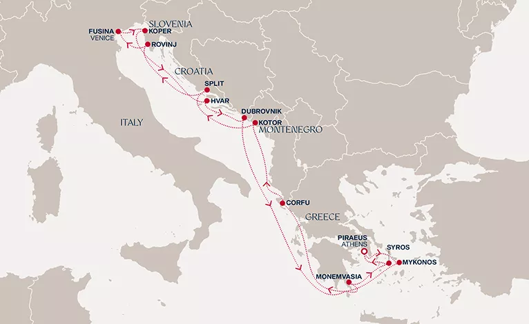 Explora I August 12-26 2028 cruise route map from Piraeus (Athens) to Piraeus (Athens)