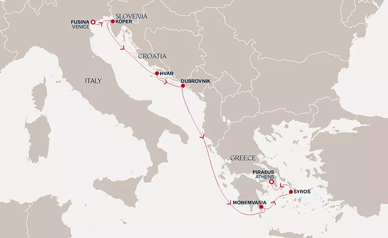 Explora I August 19-26 2028 cruise route map from Fusina (Venice) to Piraeus (Athens)