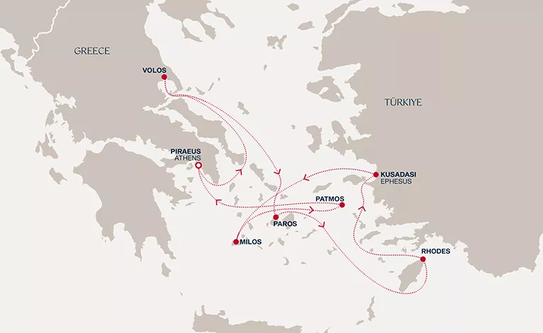 Explora I September 16-23 2028 cruise route map from Piraeus (Athens) to Piraeus (Athens)