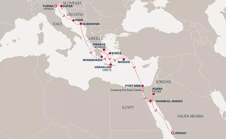 Explora I September 30-October 16 2028 cruise route map from Fusina (Venice) to Jeddah