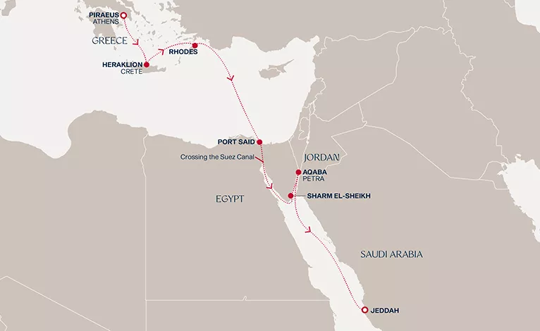 Explora I October 7-16 2028 cruise route map from Piraeus (Athens) to Jeddah