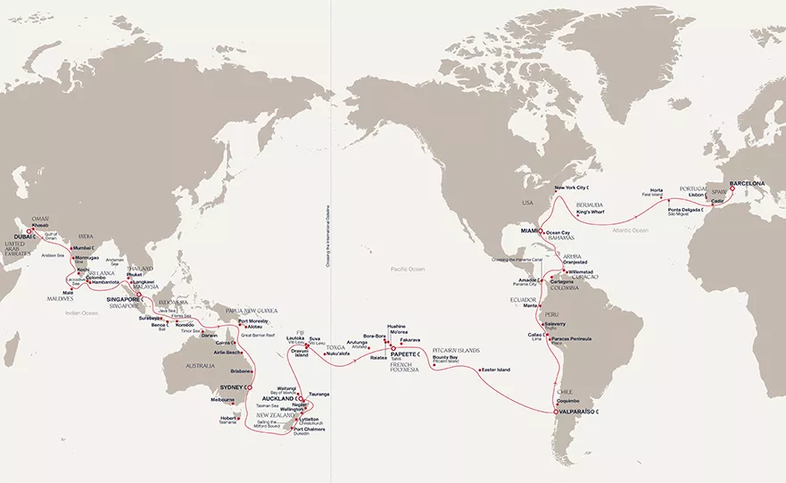 Explora I January 6-May 14 2029 cruise route map from Dubai to Barcelona