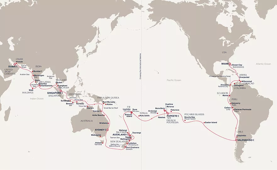 Explora I January 6-April 24 2029 cruise route map from Dubai to Miami