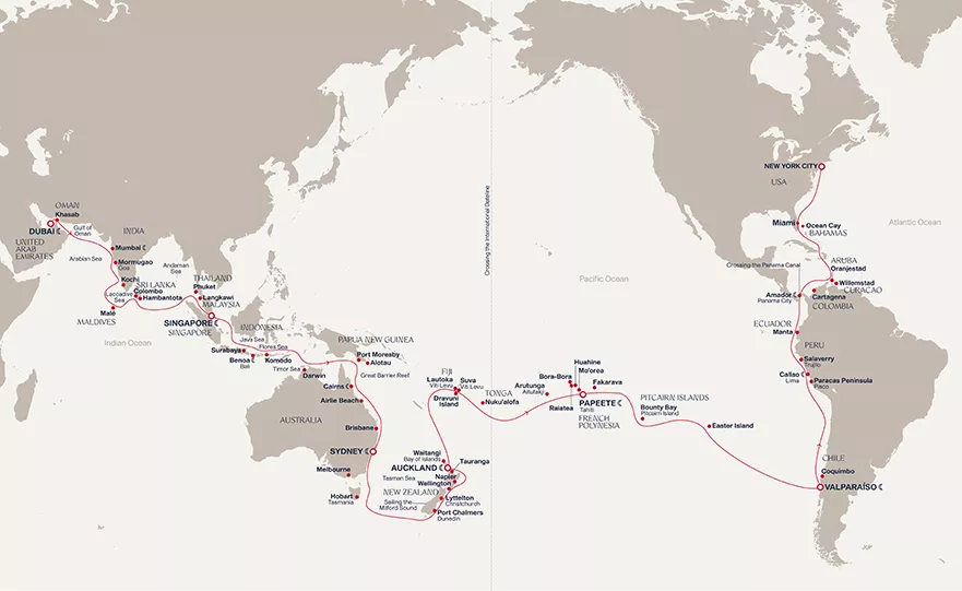 Explora I January 6-April 28 2029 cruise route map from Dubai to New York City