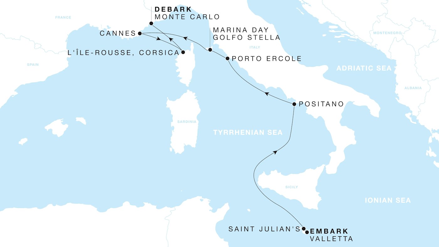 Four Seasons I Voyage FS-I-270627-009 | 9 days - The Rivieras featuring St. Julian’s & Positano itinerary map