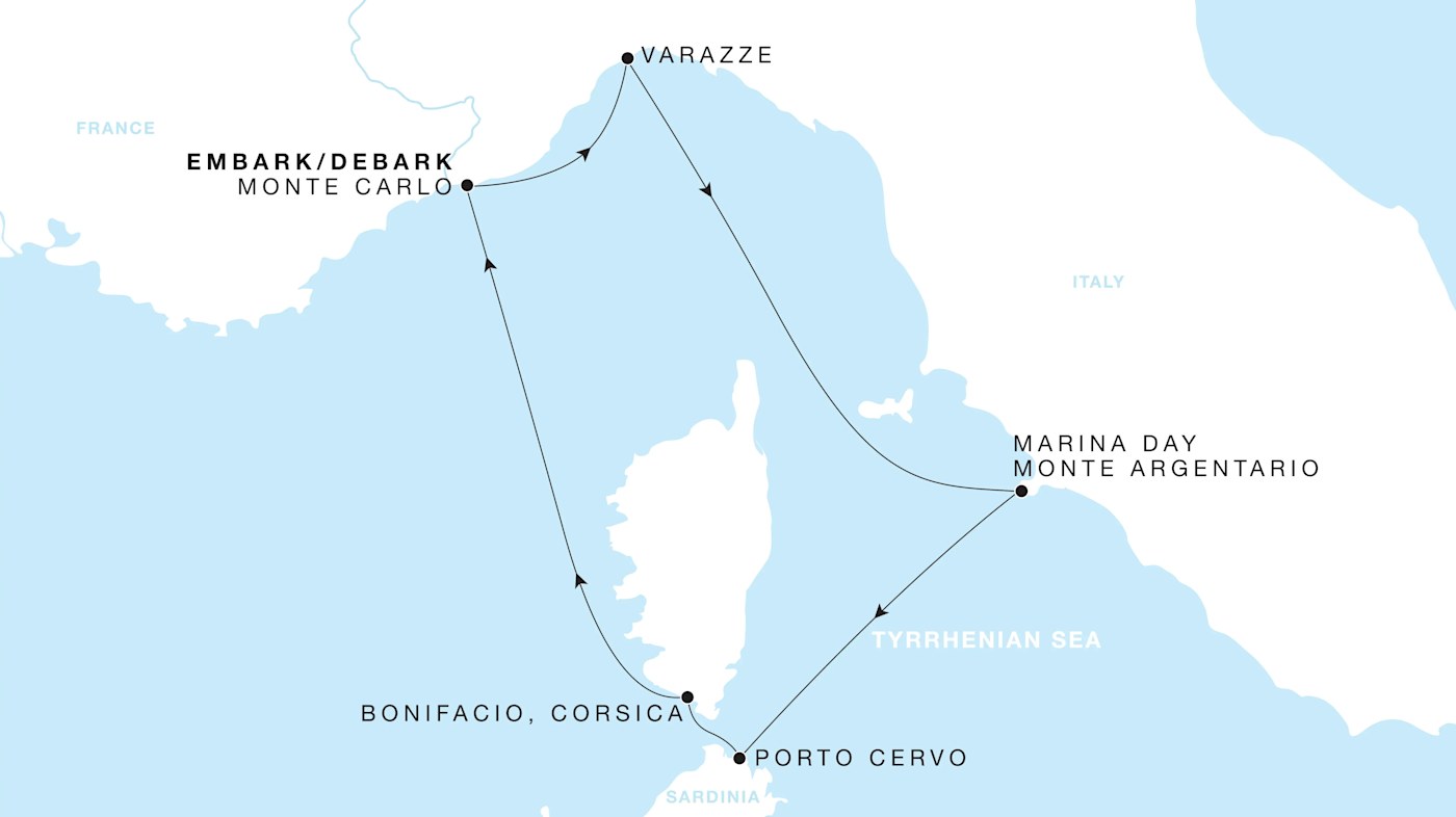 Four Seasons I Voyage FS-I-270706-005 | 5 days - The Rivieras featuring Sardinia & Monte Carlo itinerary map