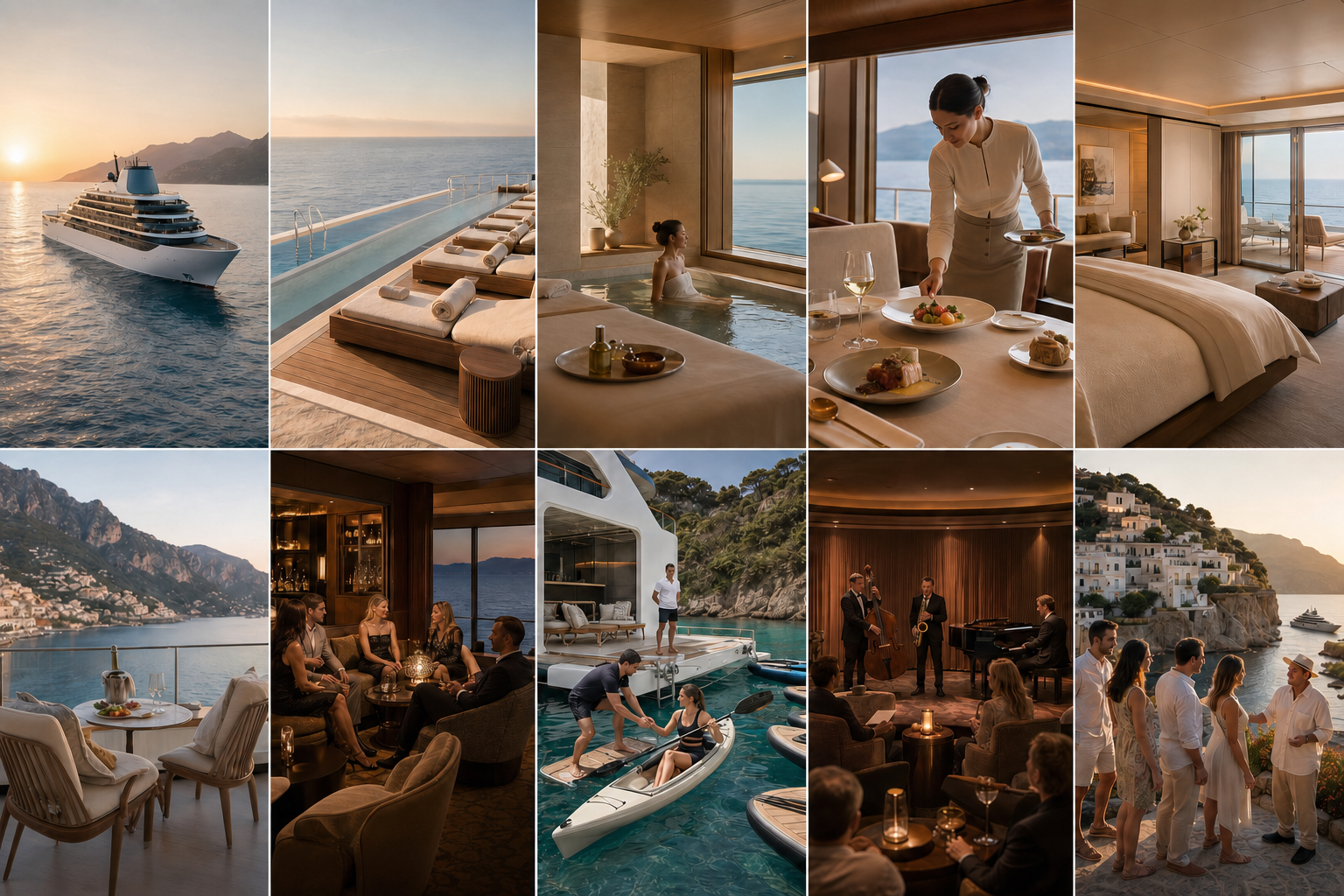 Four Seasons Yachts luxury inspiration featuring a yacht, pool, spa, dining room, suite, veranda, lounge, marina, evening entertainment, and Mediterranean destination