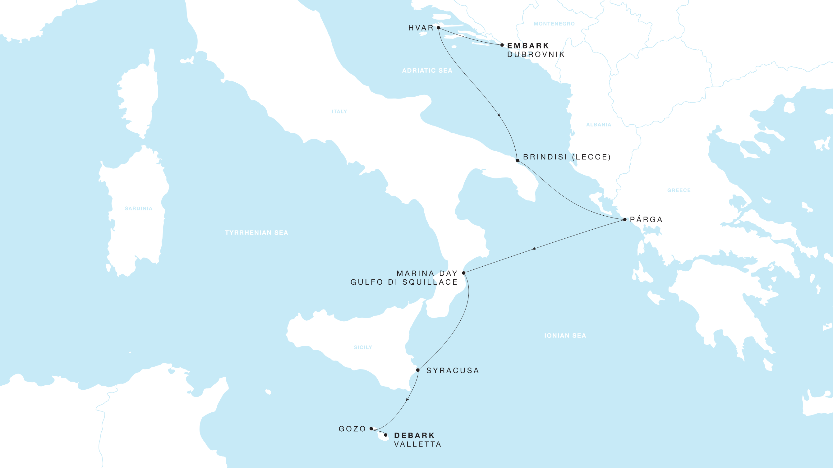 Four Seasons One Dubrovnik to Valletta itinerary map, July 26 to August 2, 2026, Voyage FS-I-260726-007