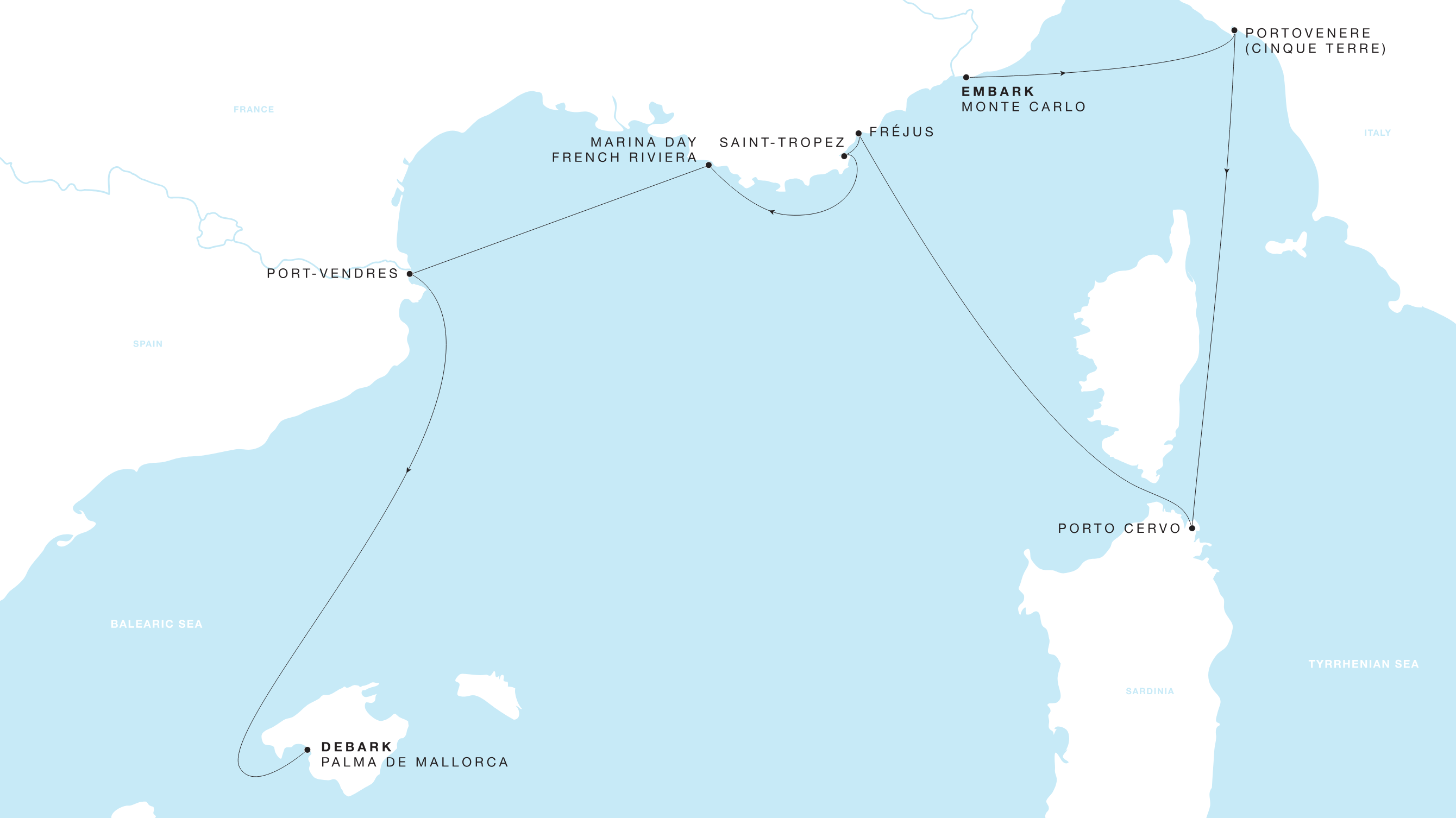 Four Seasons One Monte Carlo to Palma de Mallorca itinerary map, August 9 to August 16, 2026, Voyage FS-I-260809-007