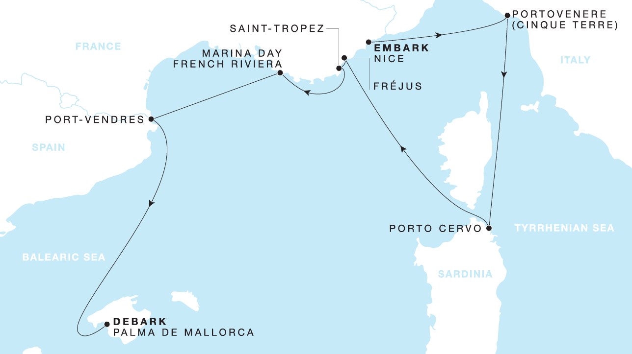 Four Seasons I Voyage FS-I-260823-007 | 7 days - The Rivieras featuring Sardinia & Saint-Tropez itinerary map