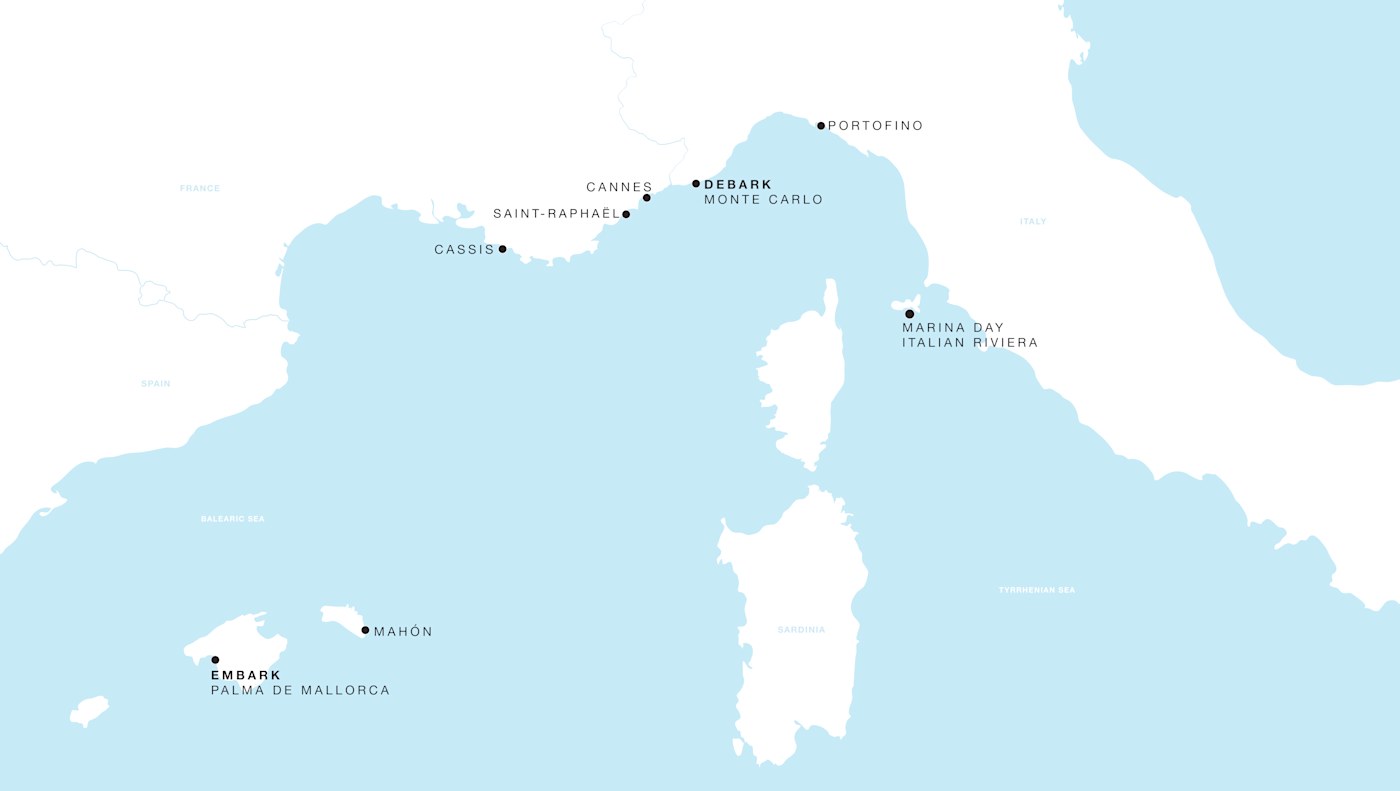 Four Seasons I Palma de Mallorca to Monte Carlo itinerary map, August 30 to September 6, 2026, Voyage FS-I-260830-007