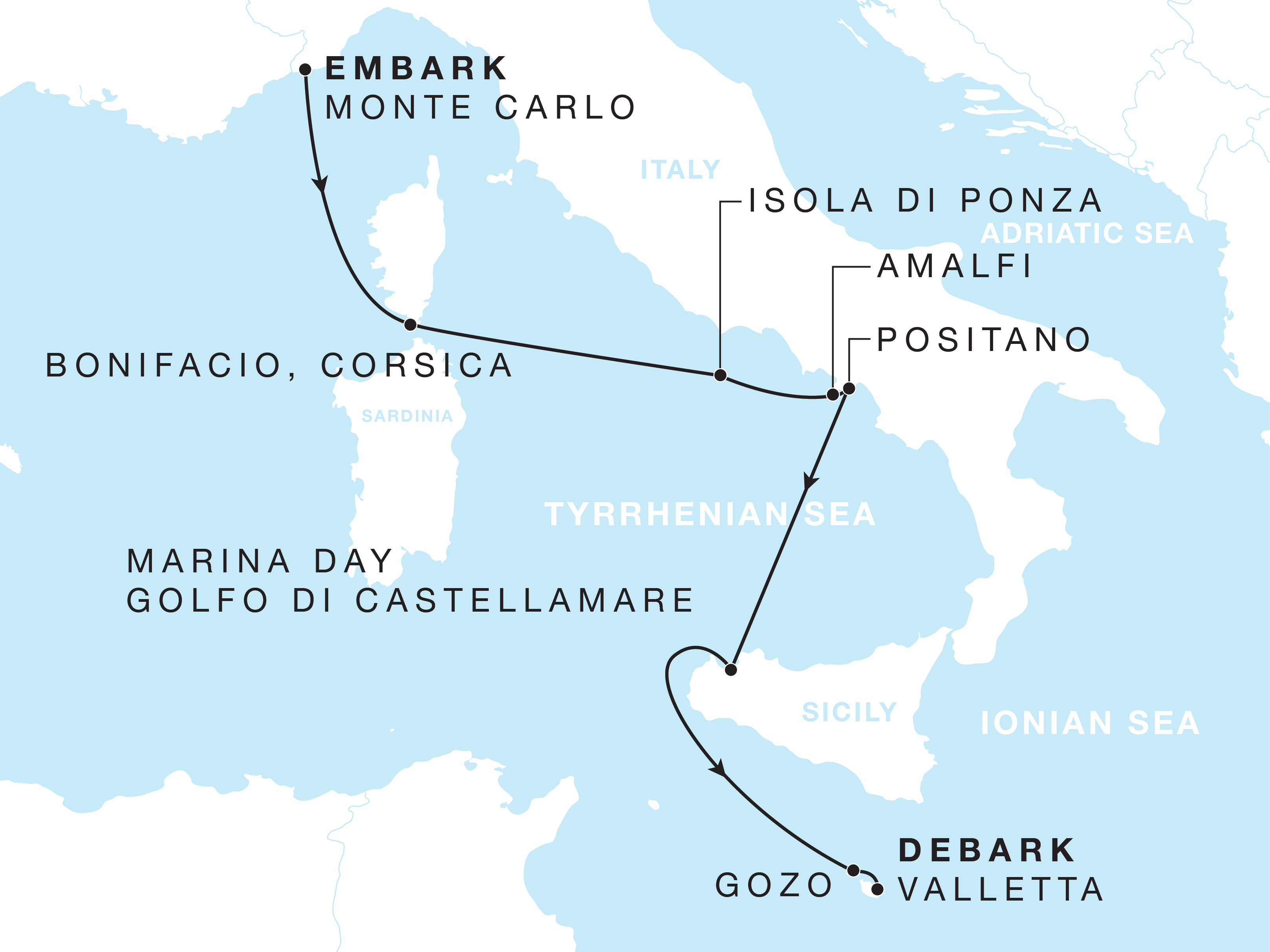 Four Seasons I Monte Carlo to Valletta itinerary map, September 6 to September 13, 2026, Voyage FS-I-260906-007