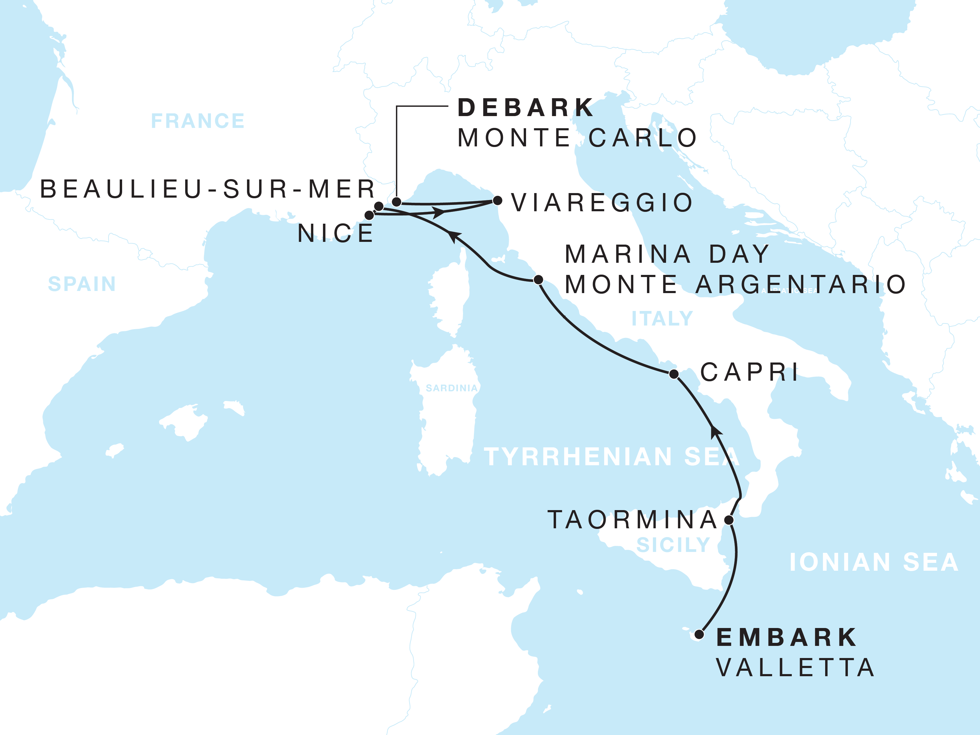 Four Seasons I Valletta to Monte Carlo itinerary map, September 13 to September 20, 2026, Voyage FS-I-260913-007
