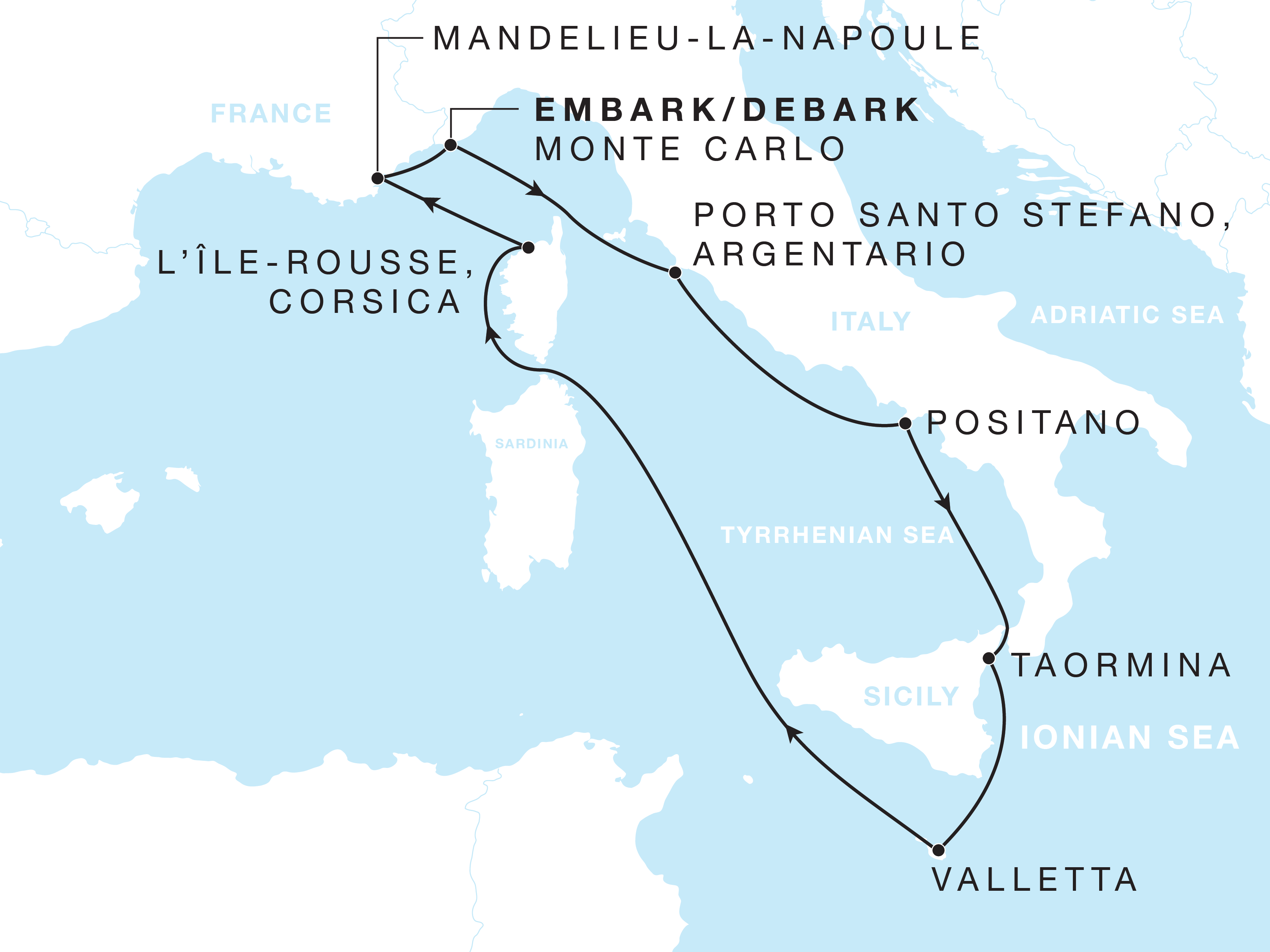 Four Seasons I Roundtrip Monte Carlo itinerary map, October 9 to October 18, 2026, Voyage FS-I261009-009