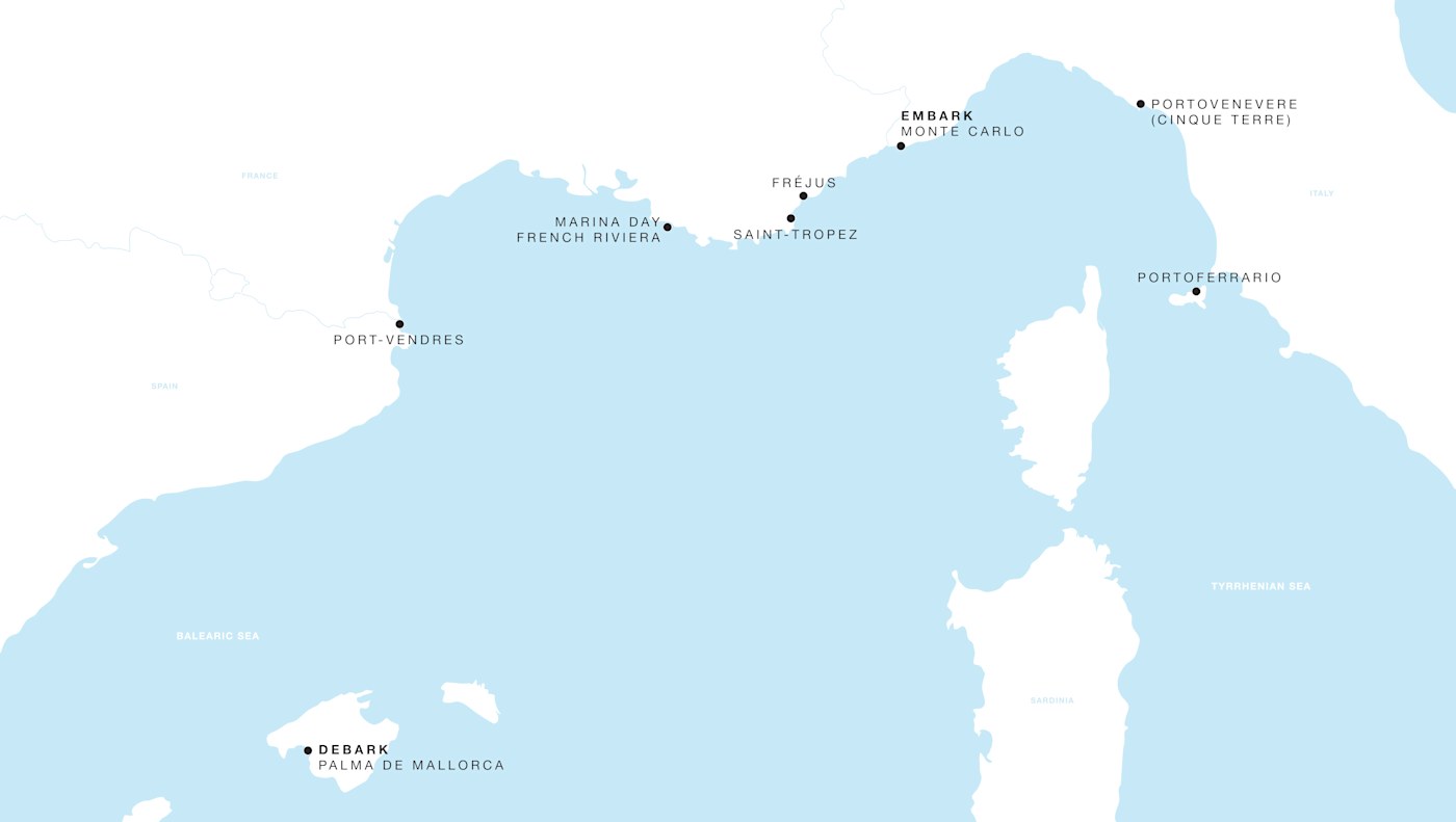 Four Seasons I Monte Carlo to Palma de Mallorca itinerary map, October 18 to October 25, 2026, Voyage FS-I261018-007