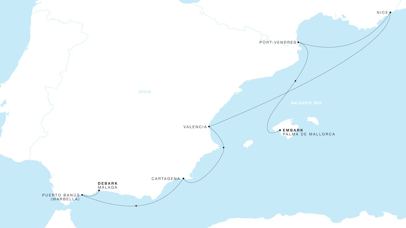 Four Seasons I Palma de Mallorca to Málaga itinerary map, October 25 to November 1, 2026, Voyage FS-I261025-007