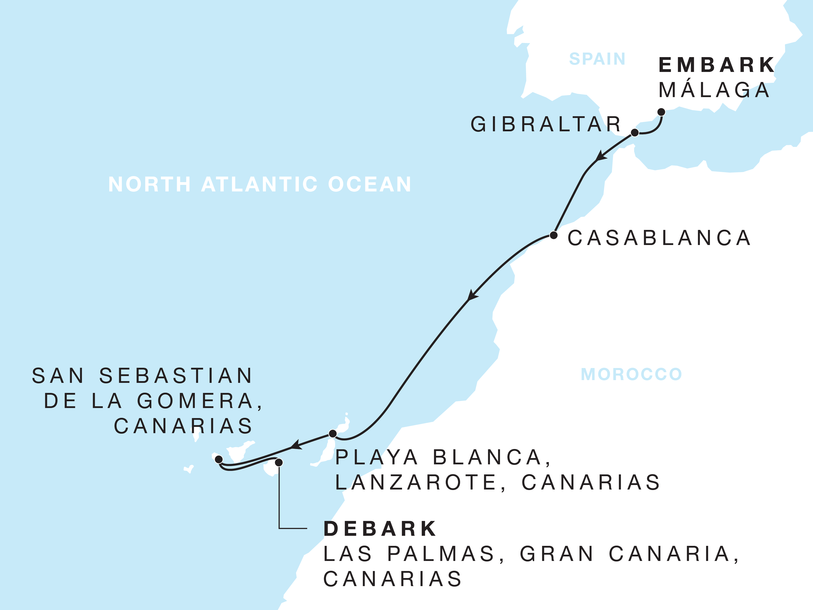 Four Seasons I Málaga to Las Palmas, Gran Canaria, Canarias itinerary map, November 1 to November 8, 2026, Voyage FS-I261101-007